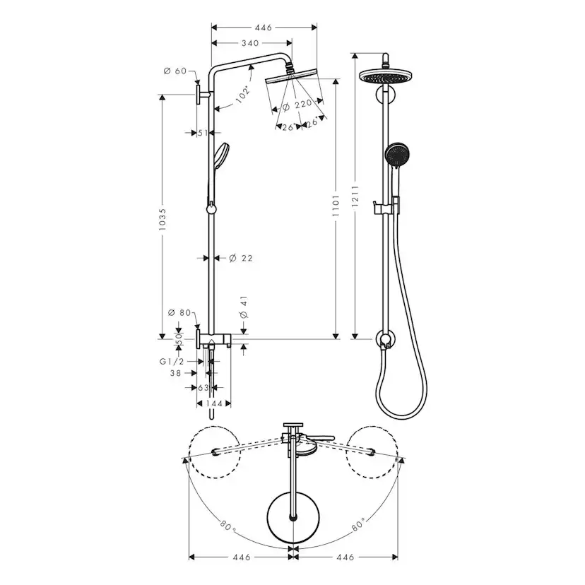 Takduschset Hansgrohe Croma Showerpipe 220 1jet Reno