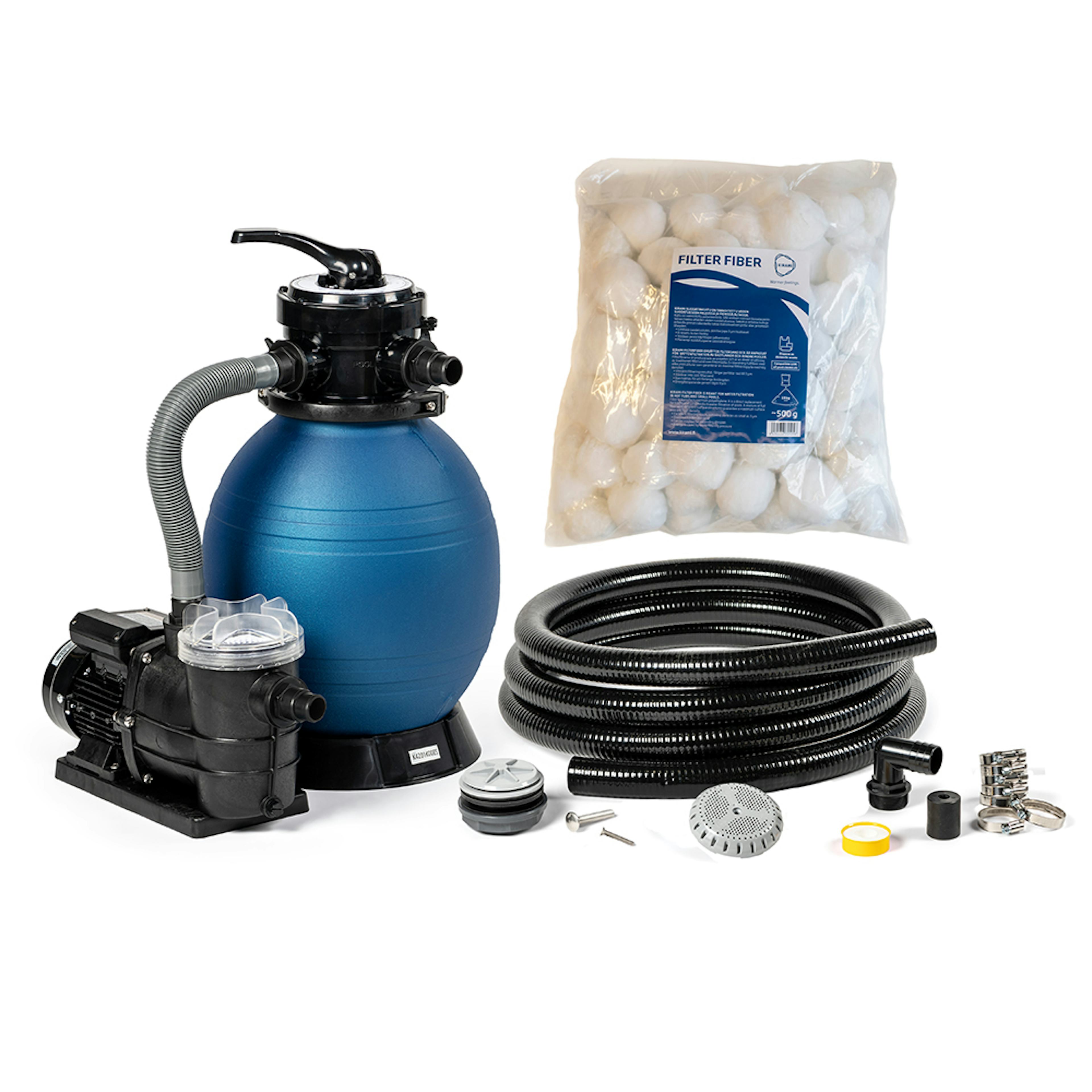 Reningssystem Kirami MF- 250 Pump, Filterfiber, Genomföringssats & Slang