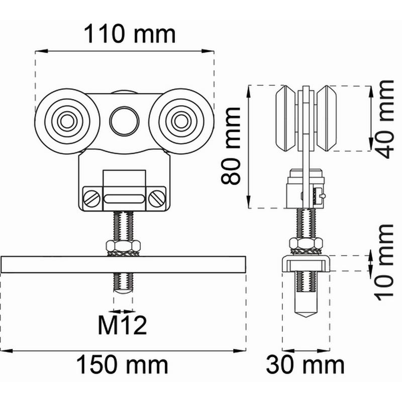 Beslagssats Habo SF-300  Komplett Hjultsats för Skjutdörrsskena SF-300