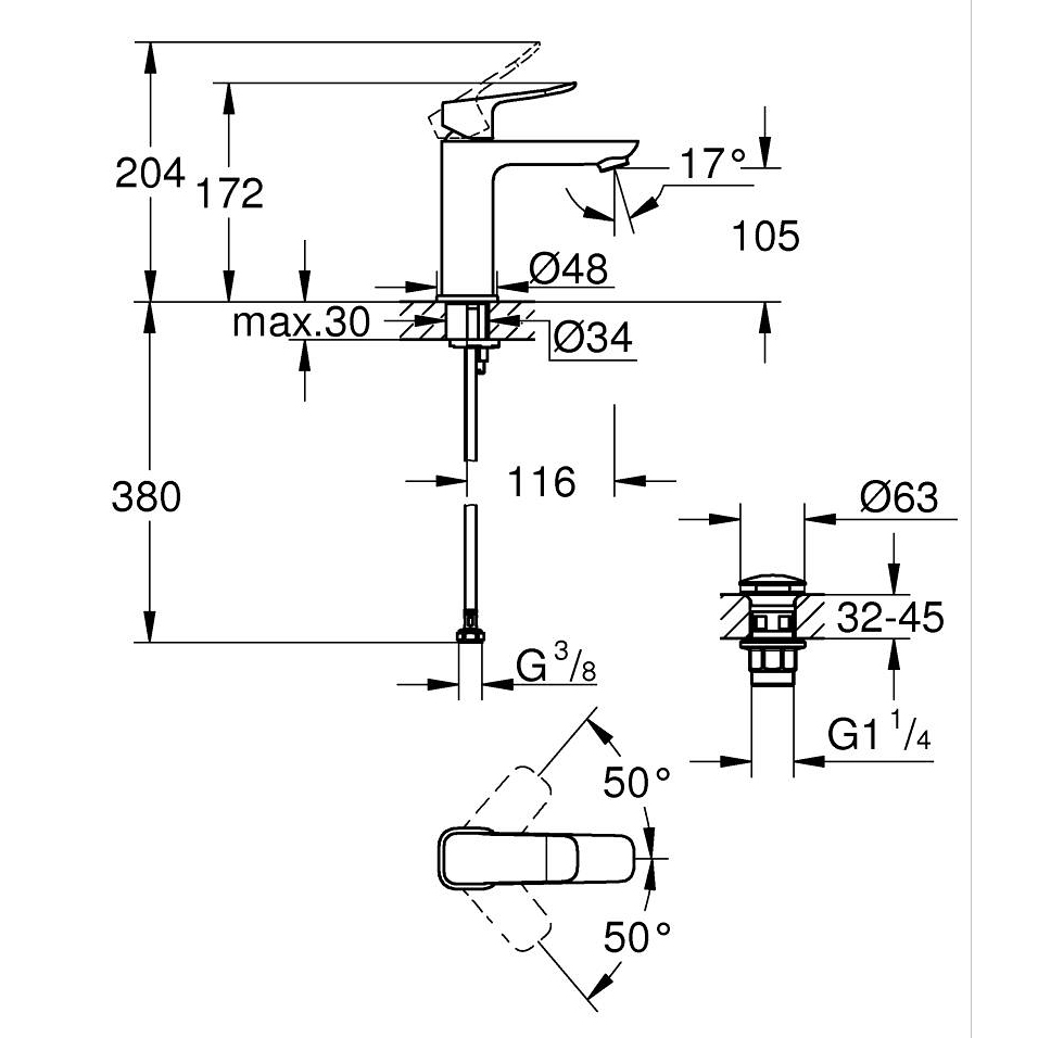 Tvättställsblandare Grohe Dice M med Bottenventil