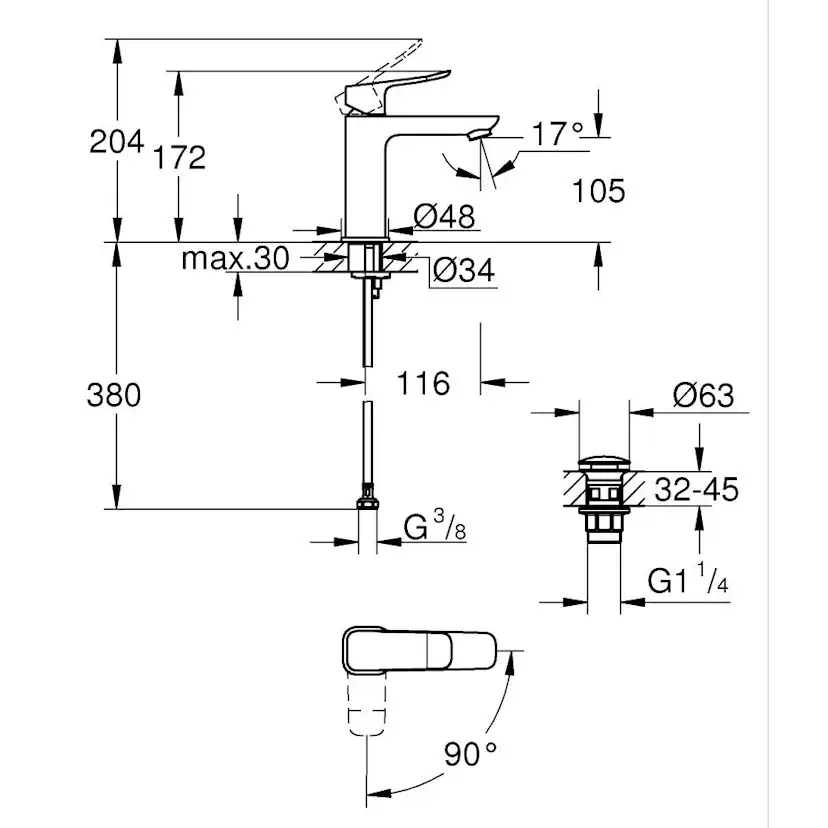 Tvättställsblandare Grohe Dice M med Kallstart och Bottenventil
