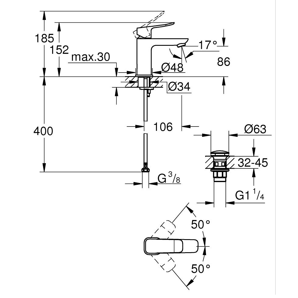 Tvättställsblandare Grohe Dice S med Bottenventil
