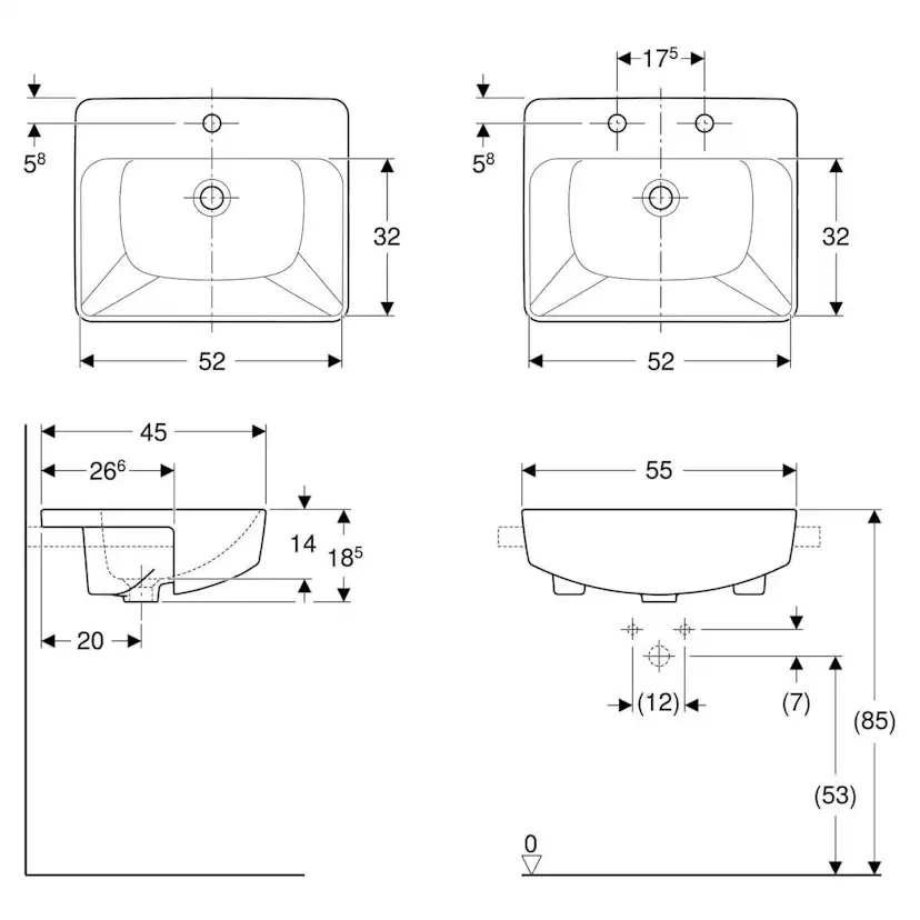 Tvättställ Geberit Variform 550 mm Halvinfälld Rektangulärt Kanthylla