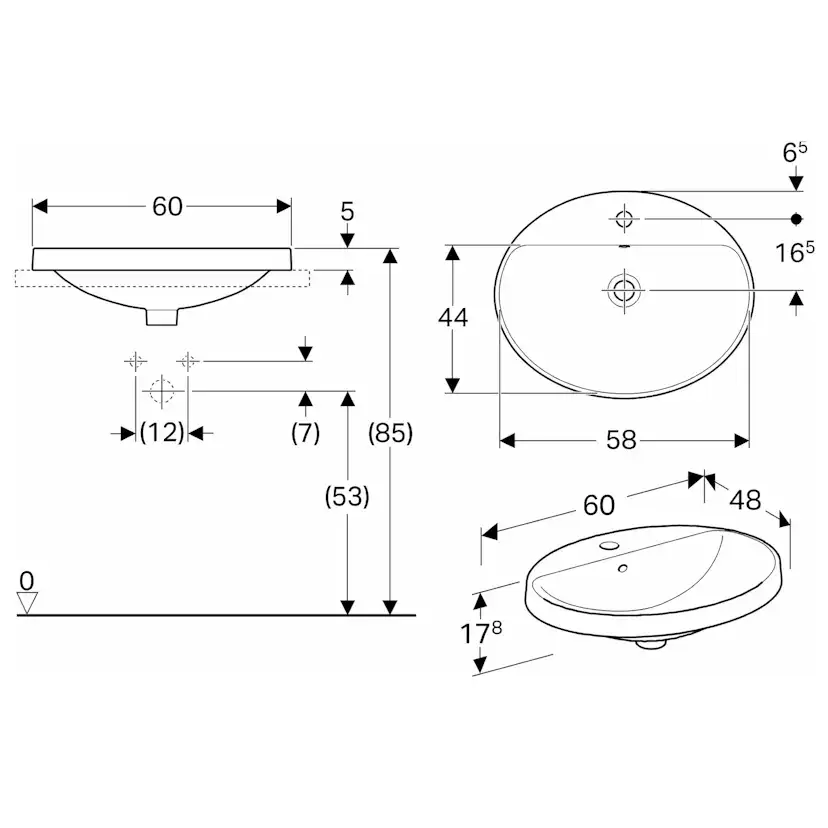 Tvättställ Geberit Variform 600 mm Infälld Ovalt Kanthylla