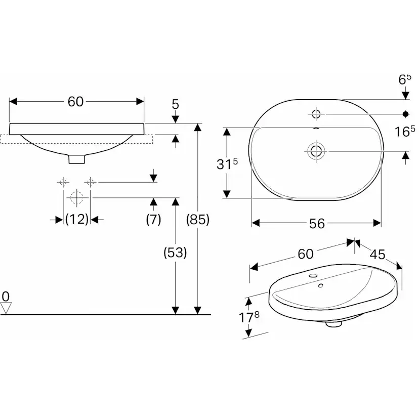 Tvättställ Geberit Variform 600 mm Infälld Elliptiskt Kanthylla