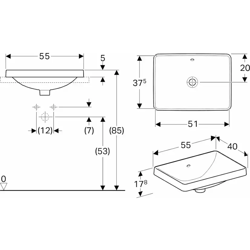Tvättställ Geberit Variform 550 mm Infälld Rektangulärt