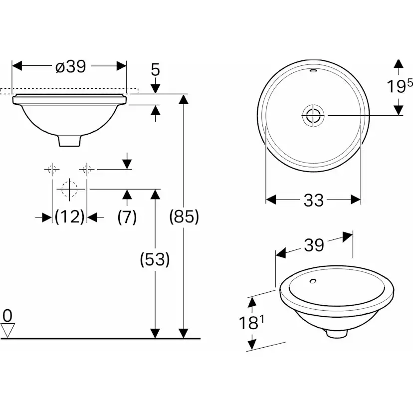 Tvättställ Geberit Variform 330 mm för underlimning Runt