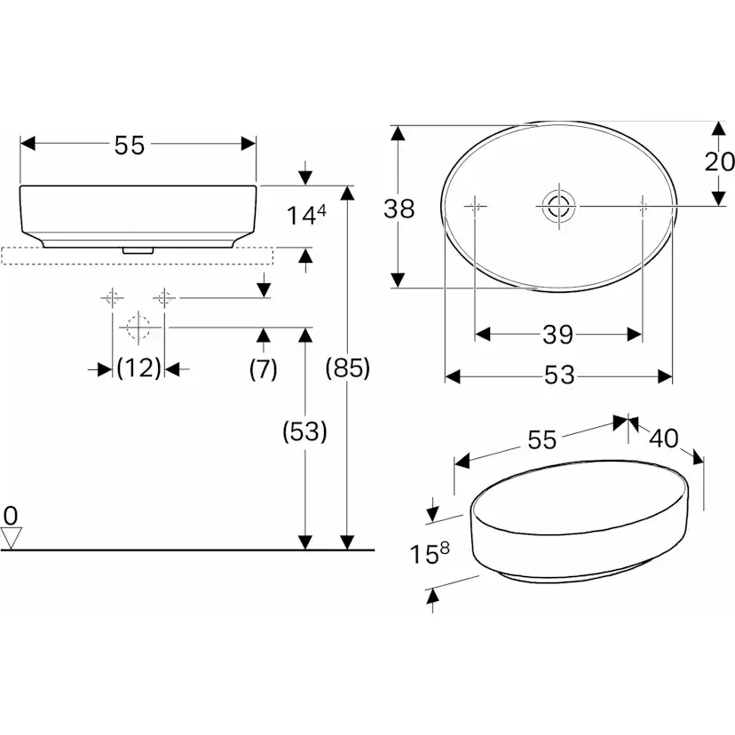 Tvättställ Geberit Variform 550 mm Lay-on Ovalt Utan Bräddavlopp