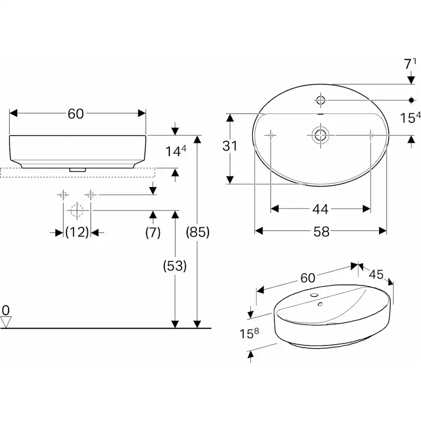 Tvättställ Geberit Variform 600 mm Lay-on Ovalt Kanthylla