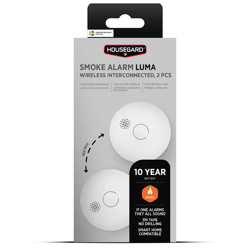 Brandvarnare Housegard Luma Trådlös 10-årsbatteri 2-pack Seriekopplingsbar