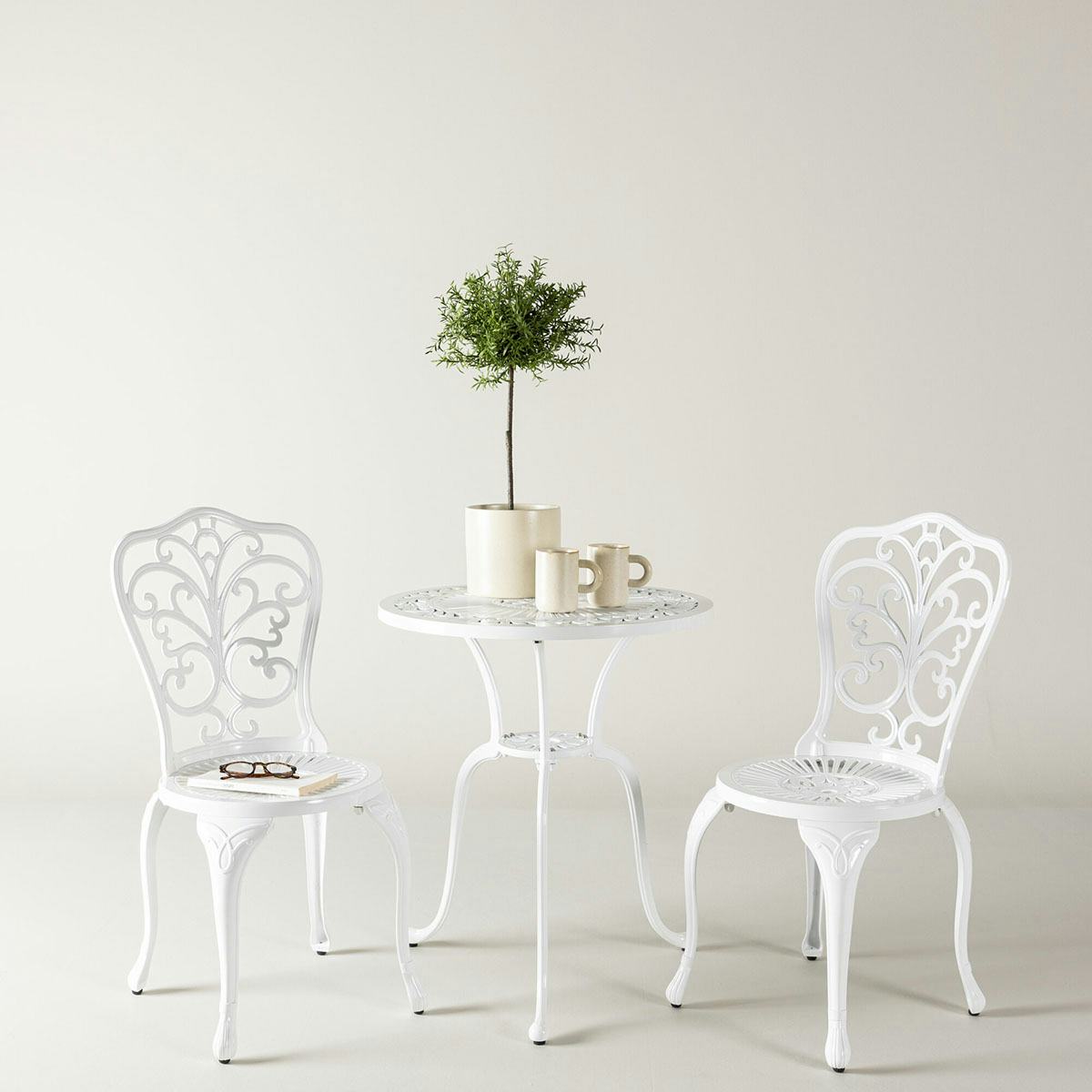 Caféset Venture Home Nandin Klassisk Cafégrupp med Runt Bord & 2 Stolar i Aluminium, Vit