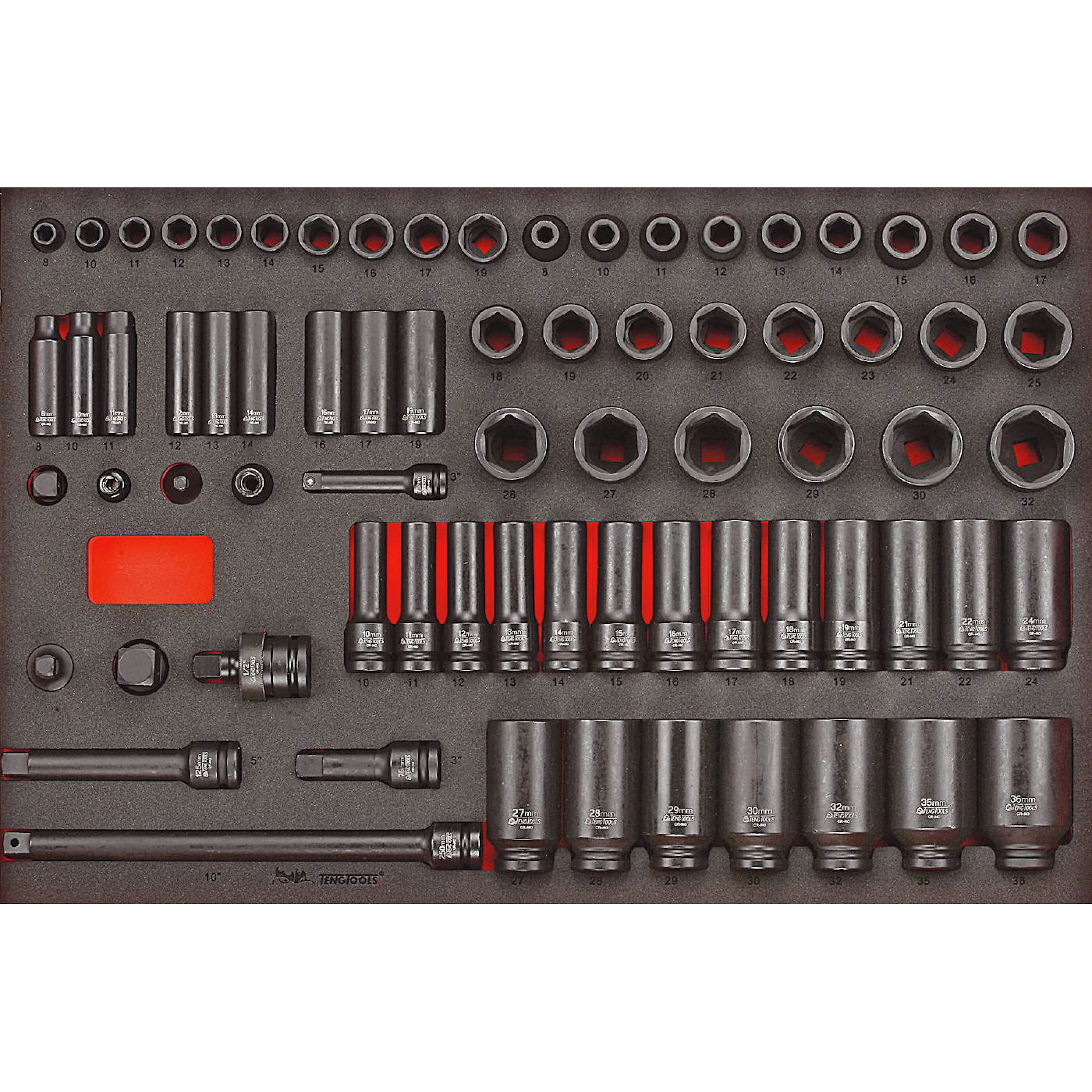 Krafthylssats 73 delar med 3/8 tum och 1/2 tumfyrkantsfäste Teng Tools TTEISK73