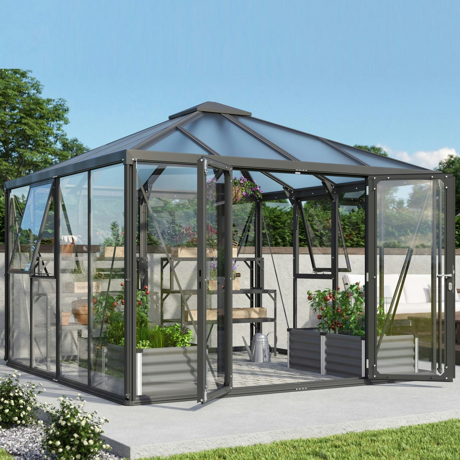 Växthus Vitavia Fortuna Svart Aluminiumstomme med UV-Skyddade Polykarbonatfönster & Härdat Glas, 10,2 m²