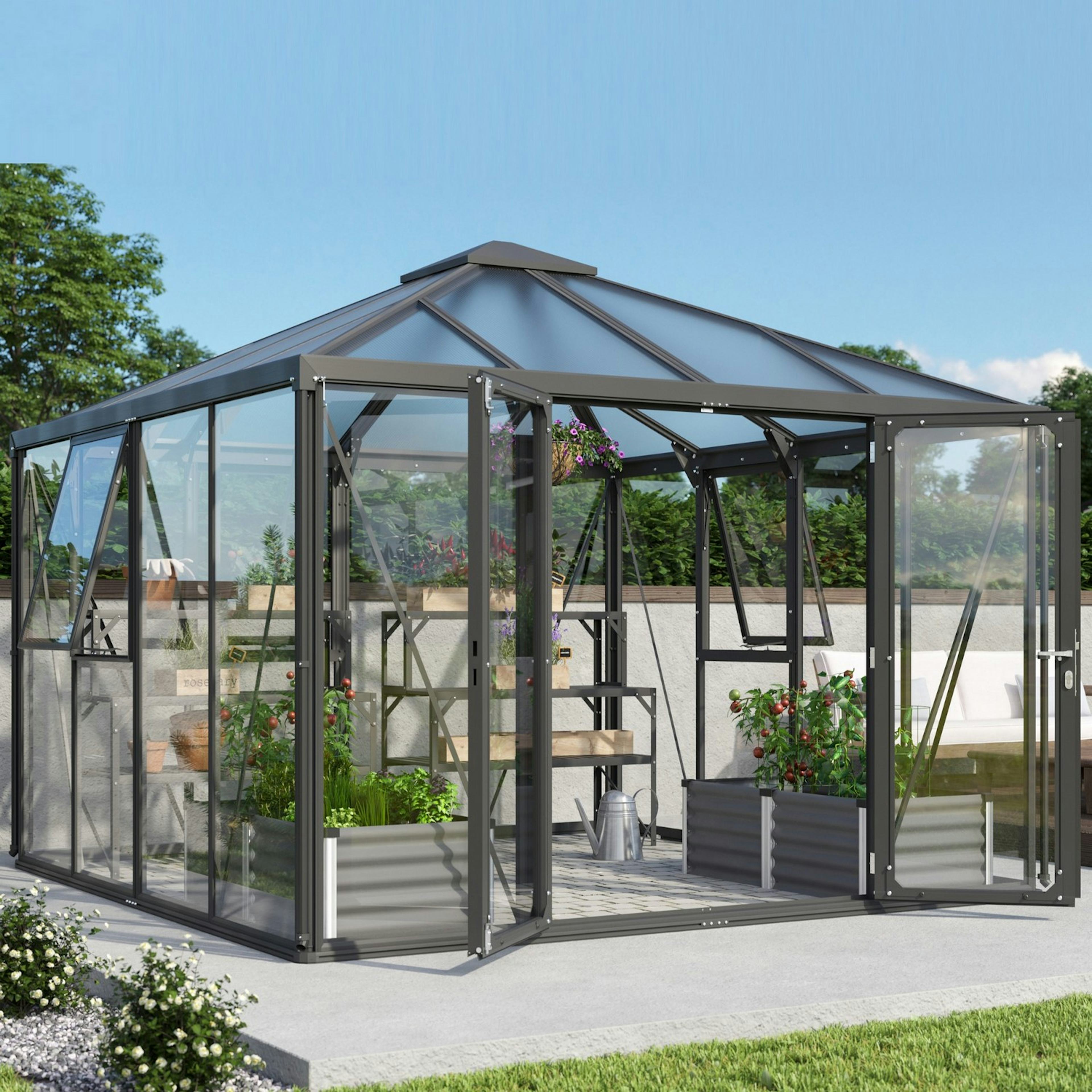 Växthus Vitavia Fortuna Svart Aluminiumstomme med UV-Skyddade Polykarbonatfönster & Härdat Glas, 10,2 m²