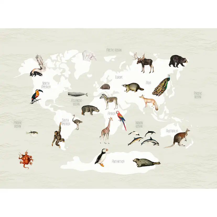 Hängande Affisch Art for the Home World Map Animals 70x100
