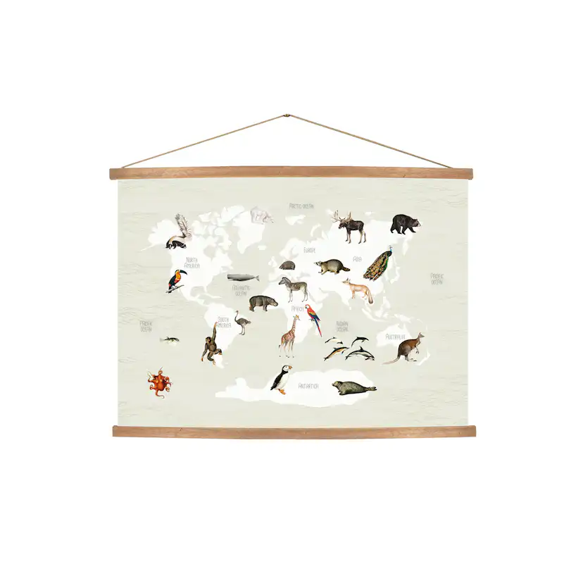 Hängande Affisch Art for the Home World Map Animals 70x100