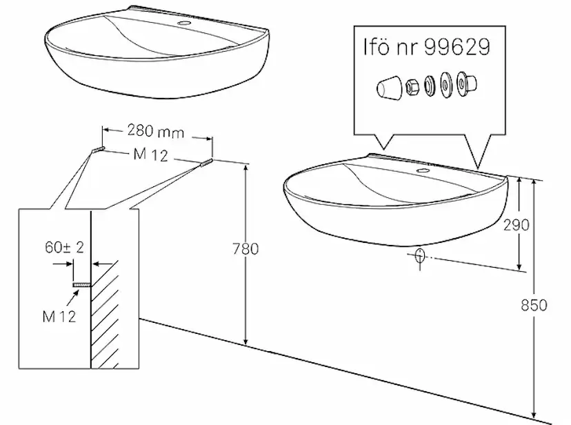 Tvättställ Ifö Spira 600 mm Runt Utan Kranhål