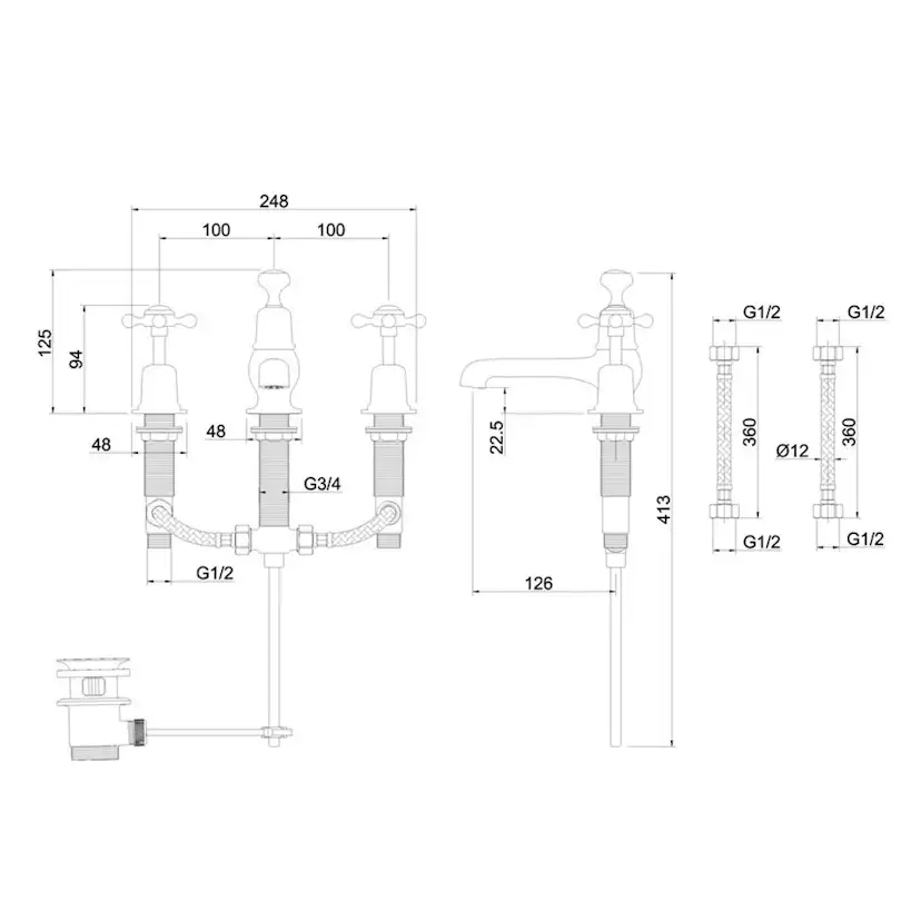 Tvättställsblandare Burlington CL12 med Bottenventil Pop-Up till 3 Blandarhål