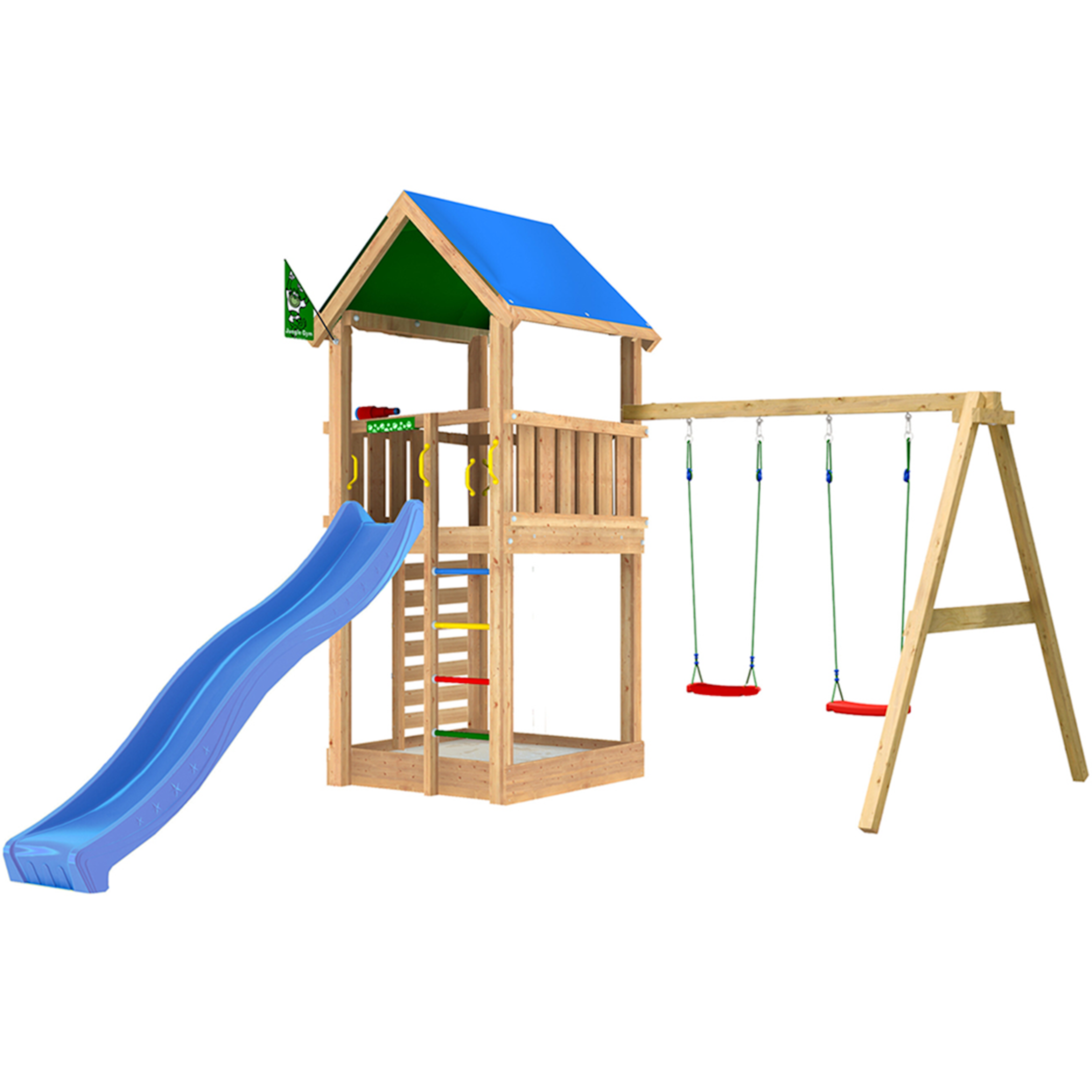 Lektorn Jungle Gym Lodge 2.1 m/2 Swing Modul Med Blå Rutschkana