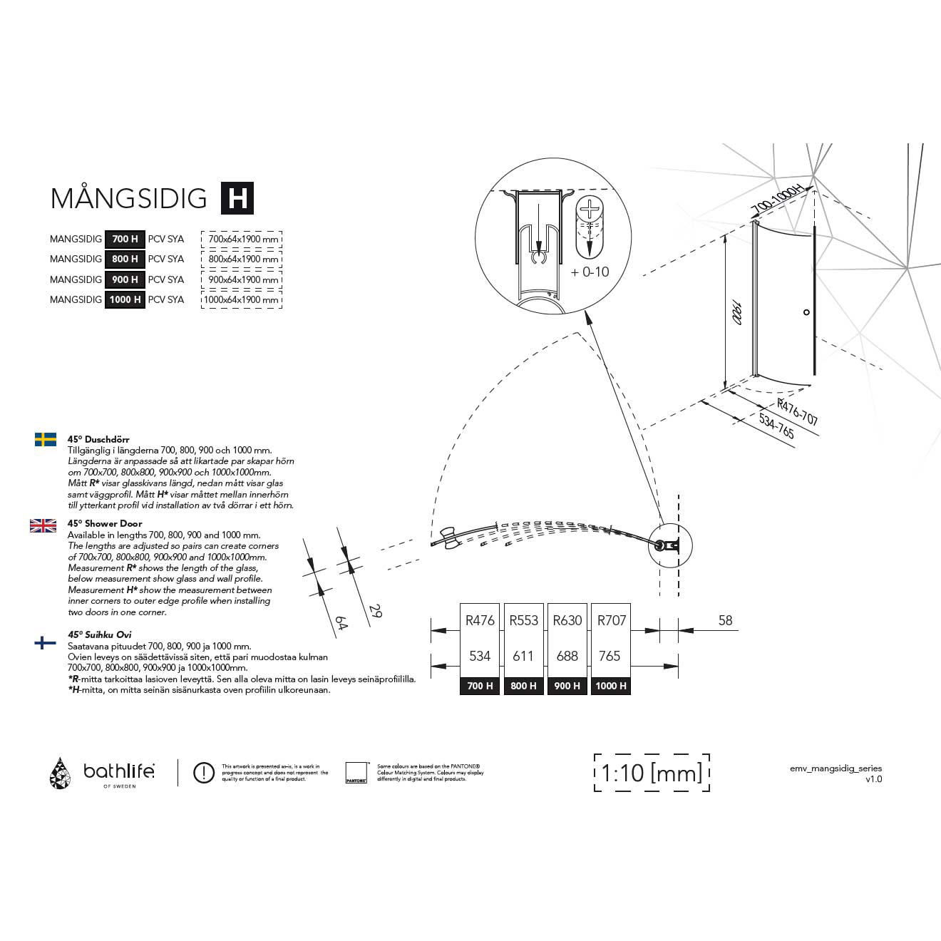 Duschdörr Bathlife Mångsidig 45° Rund
