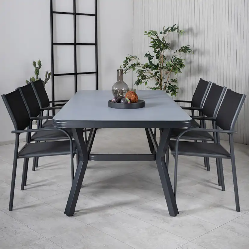 Matgrupp Utomhus Venture Home Vyn med 6 Samba Stapelbara Trädgårdsstolar