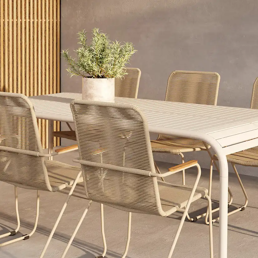 Trädgårdsmatgrupp Venture Home Borneo Rektangulärt Matbord 200x100x75 Beige med 6 st BoisTrädgårdsstolar Beige
