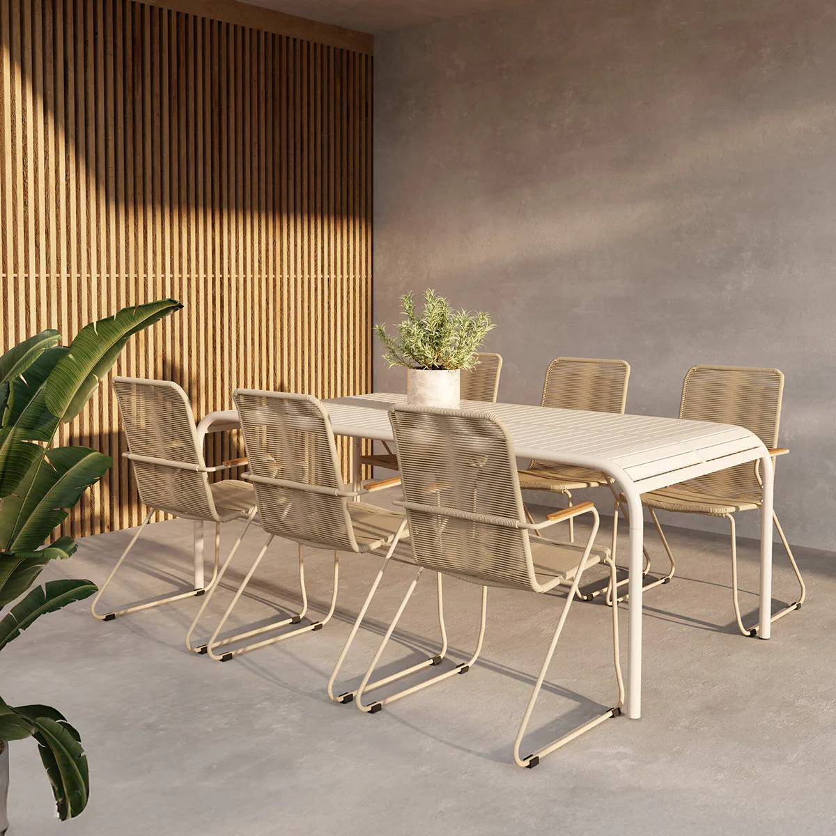 Trädgårdsmatgrupp Venture Home Borneo Rektangulärt Matbord 200x100x75 Beige med 6 st BoisTrädgårdsstolar Beige