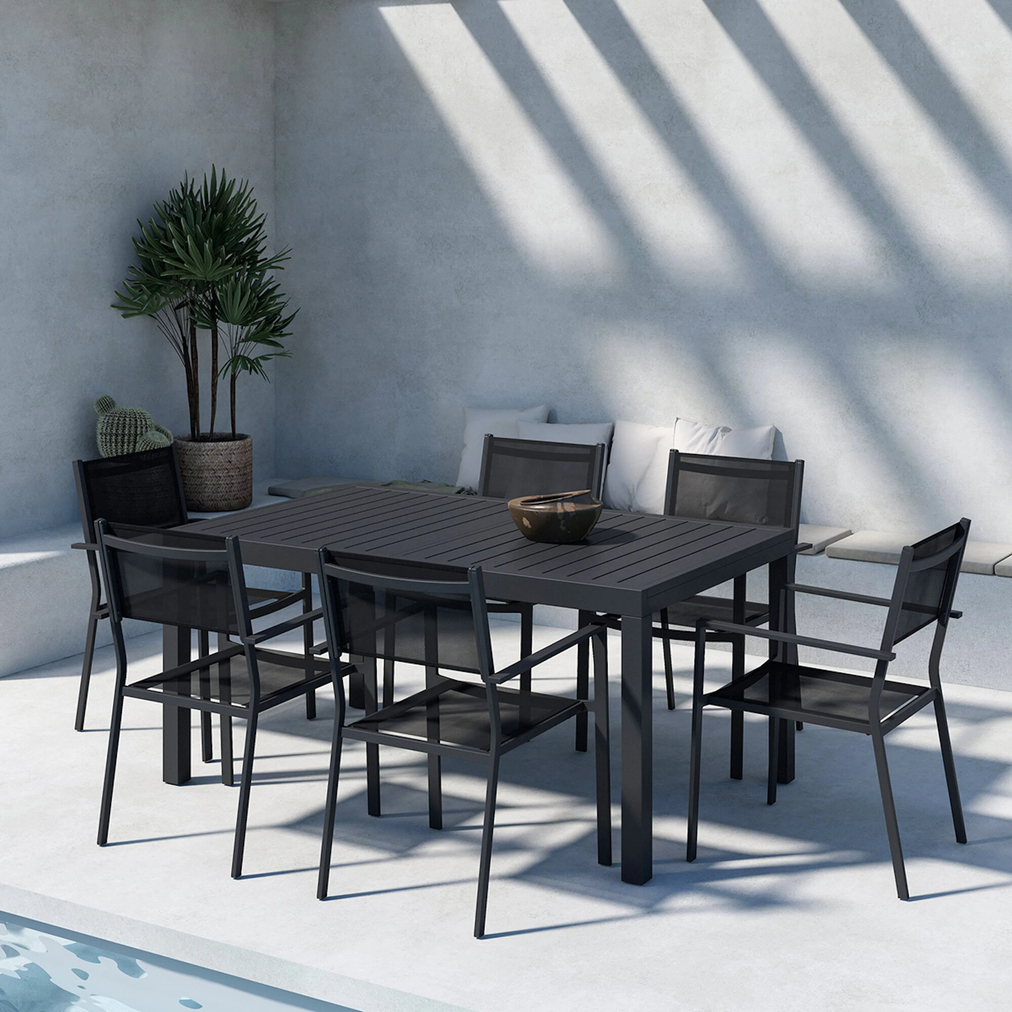 Trädgårdsmatgrupp Venture Home Capo Rektangulärt Matbord 160/240x100x75 Svart med Copacabana Trädgårdsstolar 6 st Svart