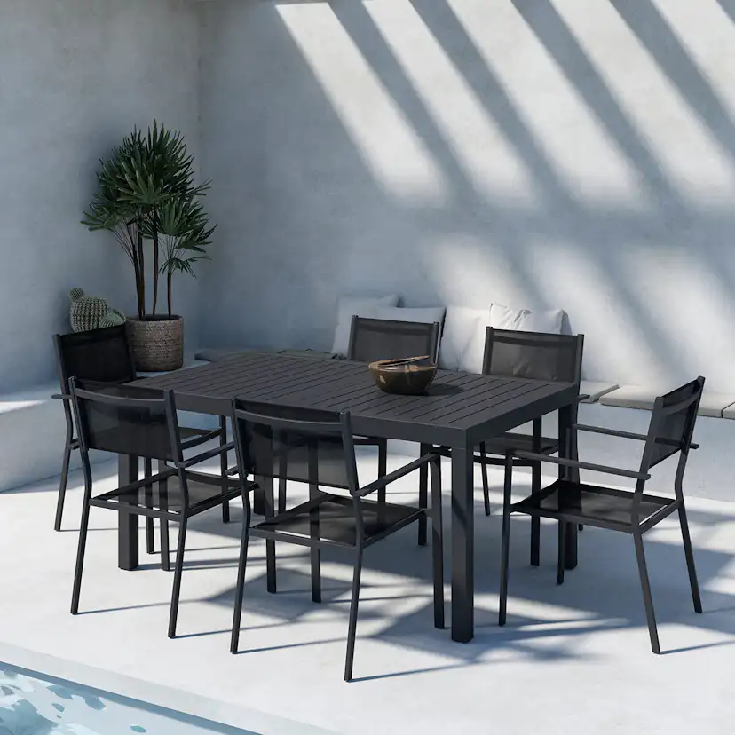 Trädgårdsmatgrupp Venture Home Capo Rektangulärt Matbord 160/240x100x75 Svart med Copacabana Trädgårdsstolar 6 st Svart