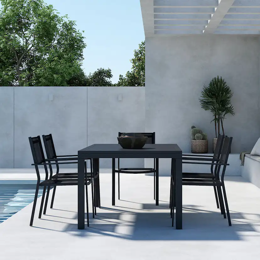 Trädgårdsmatgrupp Venture Home Capo Rektangulärt Matbord 160/240x100x75 Svart med Copacabana Trädgårdsstolar 6 st Svart
