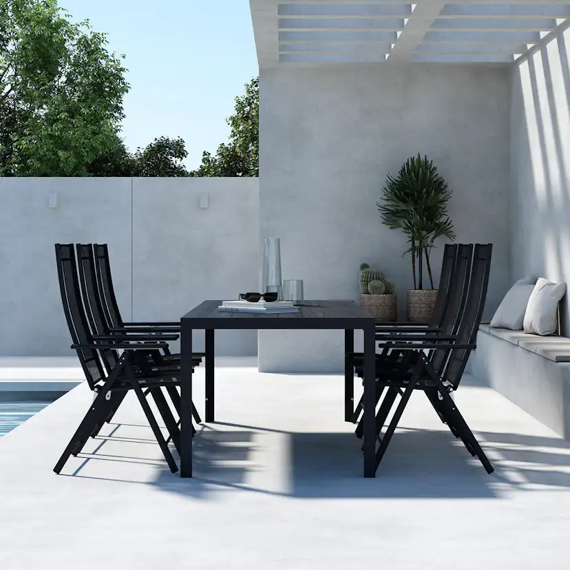 Trädgårdsmatgrupp Venture Home Mirko Matbord Svart med 6 st Levanzo Trädgårdsstolar Svart