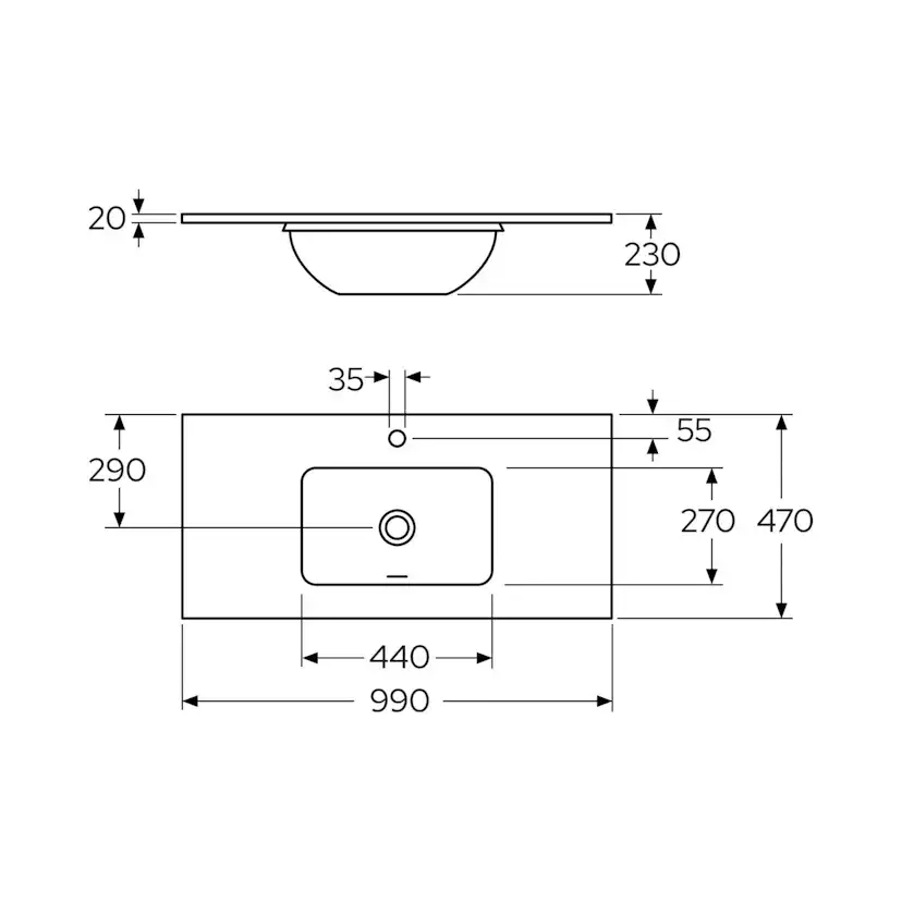 Bänkskiva Gustavsberg Ducentic 100 cm i Natursten med Underlimmat Tvättställ