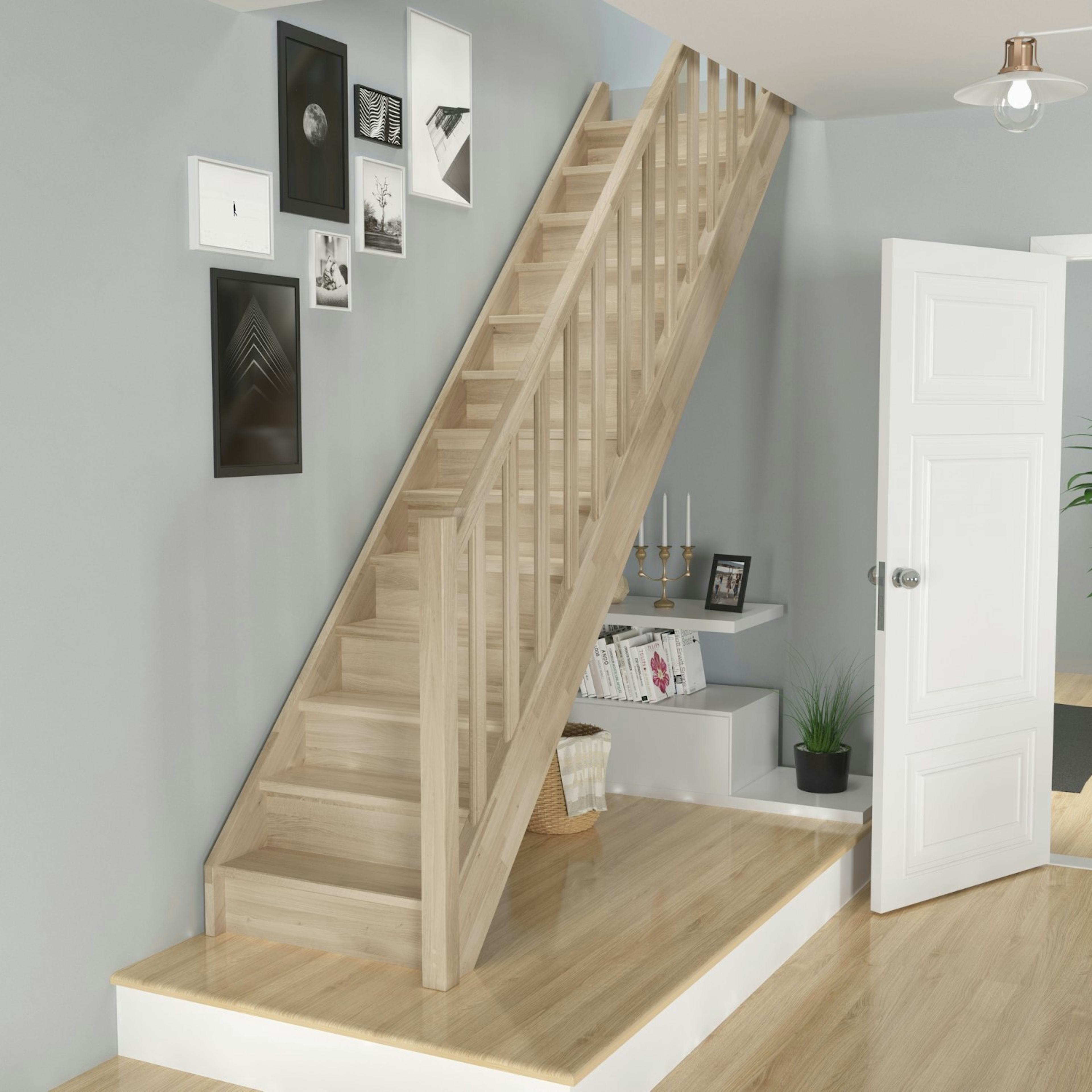 Spartrappa Dolle Helsinki Ek Rak Räcke med Träbalustrar och Sättsteg