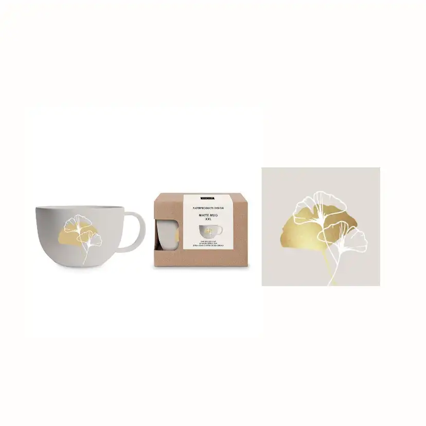 Gåvoset Paperproducts Design Golden Gingko Temugg 55 cl + Servett Taupe