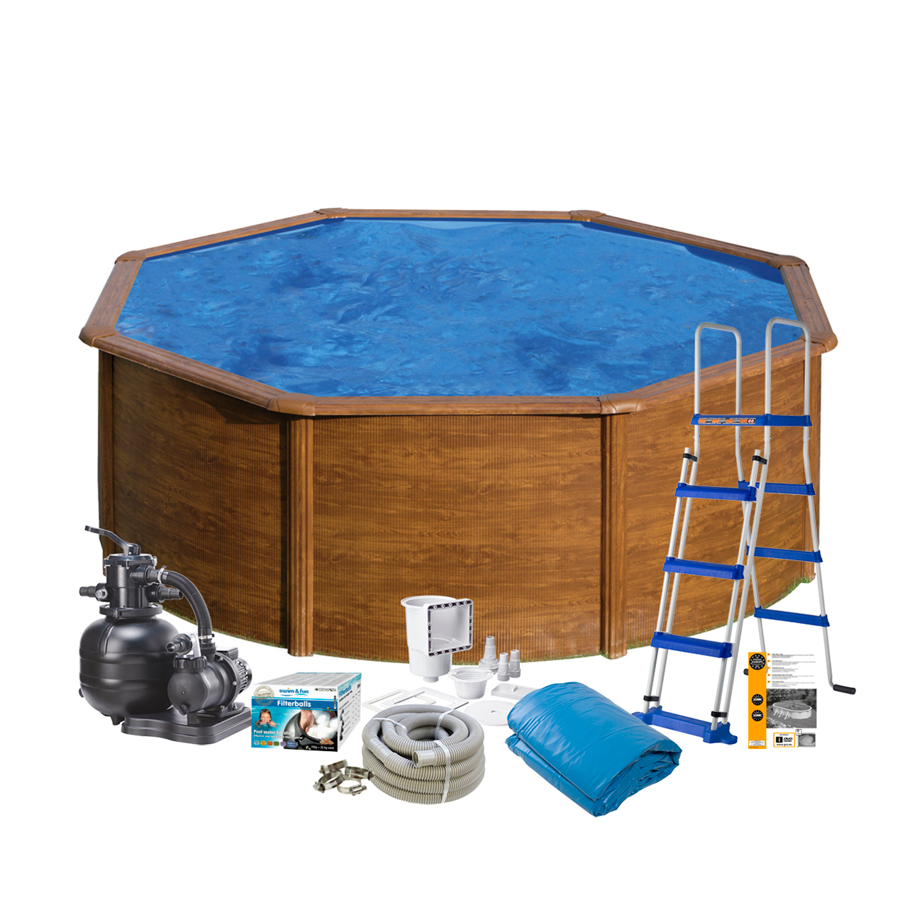 Poolpaket Swim & Fun Brown Steel Rund Baspaket 120 cm Djup