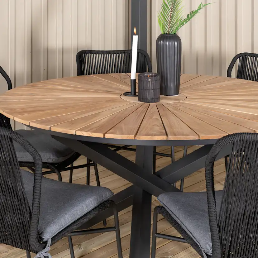 Matgrupp Utomhus Venture Home Meya med 6 Jefferson Stapelbara Trädgårdsstolar