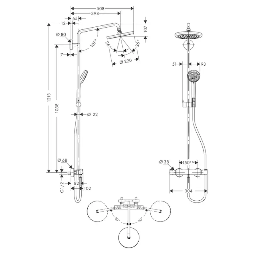 Takduschset Hansgrohe Croma 220 Showerpipe 1jet 150 cc