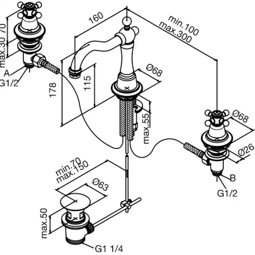 Tvättställsblandare Damixa 3-håls Tradition Krom
