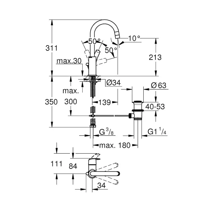 Tvättställsblandare Grohe Eurosmart 23537 med Lyftventil