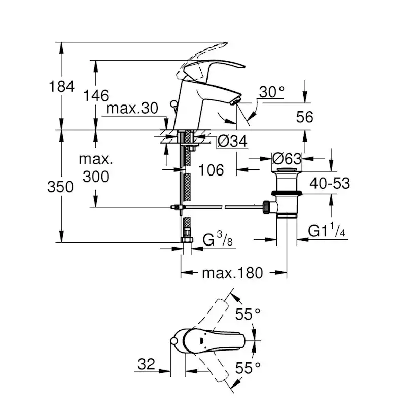 Tvättställsblandare Grohe Eurosmart 33265 med Lyftventil