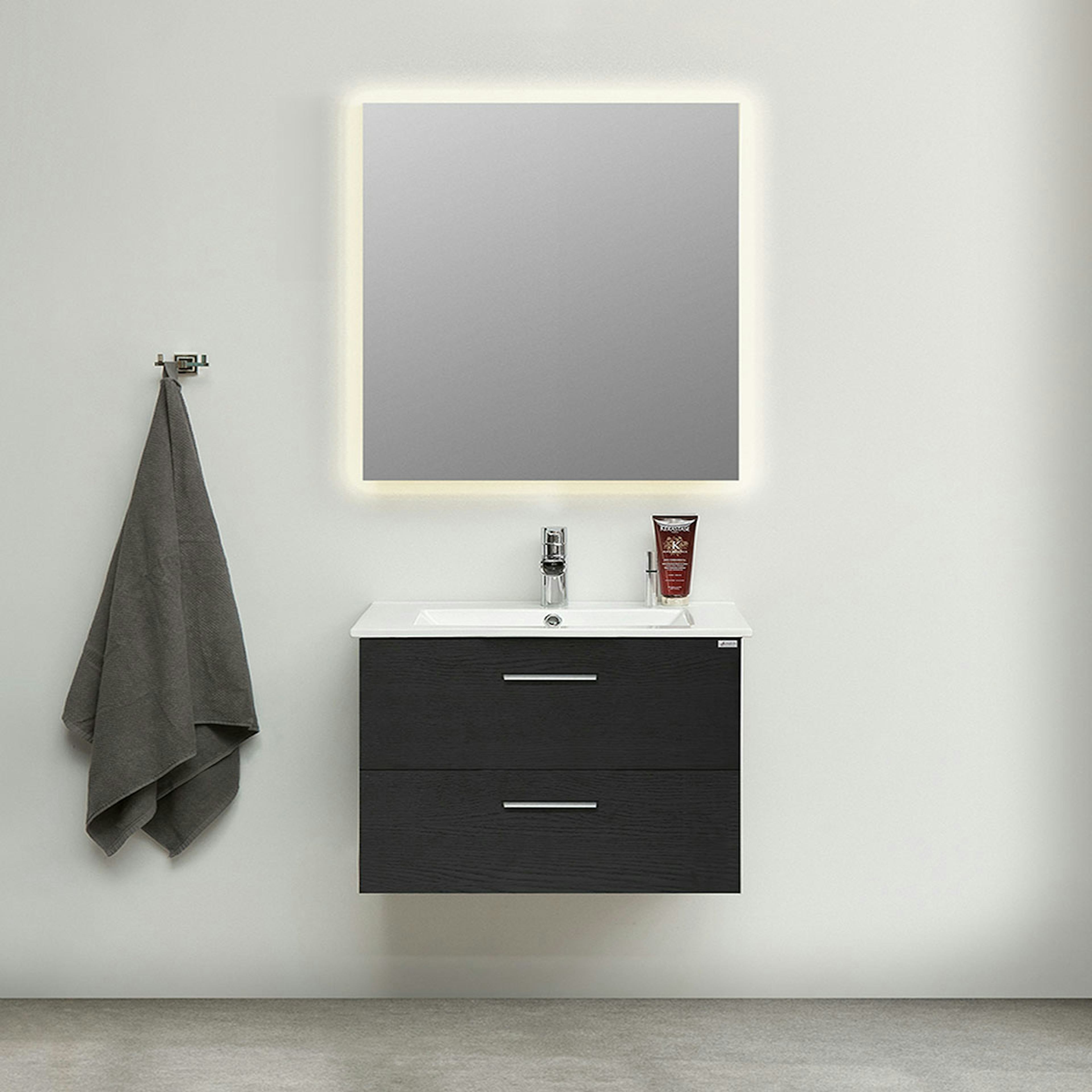 Möbelpaket 4AQUA Slim Svart Ek 80 med Lådor och Spegel Luna LED